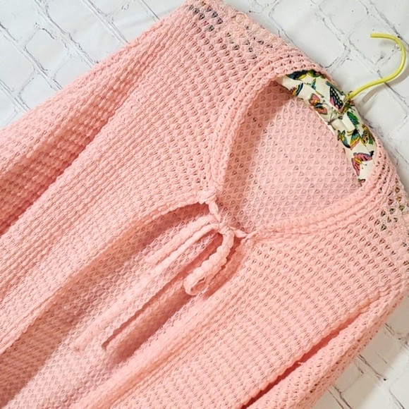 Chris & Carol Tie Neck Cardigan Sweater Baby Pink Open Waffle Knit Neutral Sz L - Picture 4 of 17